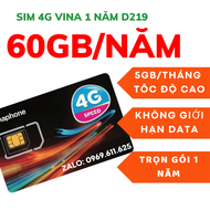 Sim 4G Vinaphone Trọn Gói 1 Năm D500 D219 Sử Dụng 60GB Data Tốc Độ Cao Miễn Phí 12 Tháng Không cần n