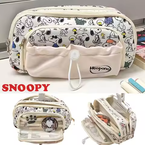 Cute Snoopy Dog Pencil Bag Multi‑layer Zipper Pencil Case Kawaii Anime Stationery Storage Pouch Back
