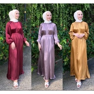 Abaya satin Long sleeves Maxi Dress Viral Jubah Satin crush Plain Kembang Bertali Maternity Muslimah