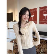 Áo Thun Dài Tay Ôm Vừa Vặn Cho Nữ Mùa Xuân Thu Thiết Kế Áo Lót Bên Trong Có Viền Gỗ Cổ Tròn Không Ta