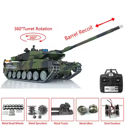 US Stock 1/16 Henglong 7.0 Leopard 2A6 RC Tank 3889 Barrel Recoil Metal Tracks Rubber Pads Remote Co