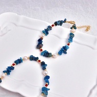 Natural Stone Freshwater Pearl Bead String Bracelet Necklace Blue Apatite Gravel Pearl Jewelry Light