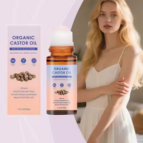 Organic Castor Oil With Rose Quartz Roller 50ml Cold Pressed Extra Virgin Hexane Free Body Massage O