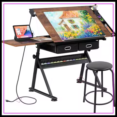 Adjustable Drafting Table with Stool, Tilting Drawing Desk, Storage Drawers, Art Workstation