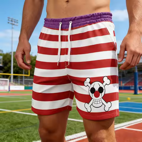 One Piece Buggy the Clown Shorts, Red White Striped with Jolly Roger Casual Anime Fan Bottoms Summer