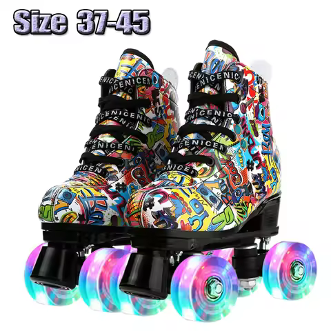 Graffiti Roller Skates Adult Double Row Skates Microfiber Leather Skating Rink Roller Skates Flash F