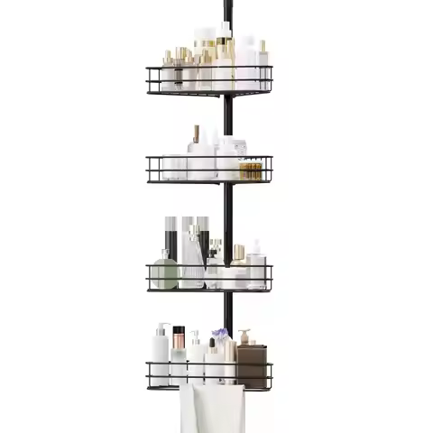 76 in-110 in Adjustable Bathroom Organizer Shelves, 4-Tier Bathroom Shelves with Built-In Towel Bars