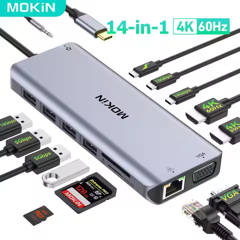 MOKiN USB C HUB Type C 4K@60Hz HDMI Hub,VGA 3USB 3.1 10Gbps PD RJ45 SD/TF Docking Station For MacBoo