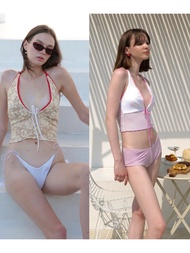 Try_yorata l Halter swim bra top , high leg bikini bottom,Y2K bikini bottom ชุดว่ายน้ำผูกคอ มีฟองน้ำ