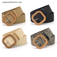 [popularfactors] Summer Women Elastic Woven Belt Square Buckle Vintage Boho Straw Belt Dress Belt [M