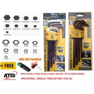9PCS HEAVY-DUTY EXTRAL LONG S2 BALL POINT HEX KEY SET (1.5MM -10MM ) & TROX KEY SET ( T10-T50 )