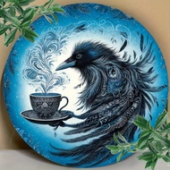 2D Iron Metal Wall Art - 8x8 Round Raven Coffee Decor for Cafe Kitchen Bar Hanging