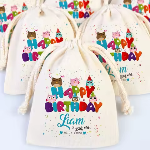 5pcs Personalized Happy Birthday Drawstring Gift Bag Custom Baby Shower Boy Girl 1st 2nd 3rd 4th Bir