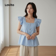 Lovito Blaus Kasual Butang Musim Bunga/Panas Biru untuk Wanita L134ED565
