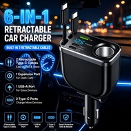 240W Car Charger With 70CM Retractable Dual Type C Cable Fast Charging 6-in-1 Car Phone Charger for 