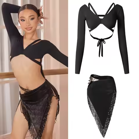ZYM Latin Dance Competition Clothing For Girls Long Sleeved Split Skirts Outfits Chacha Rumba Tango 