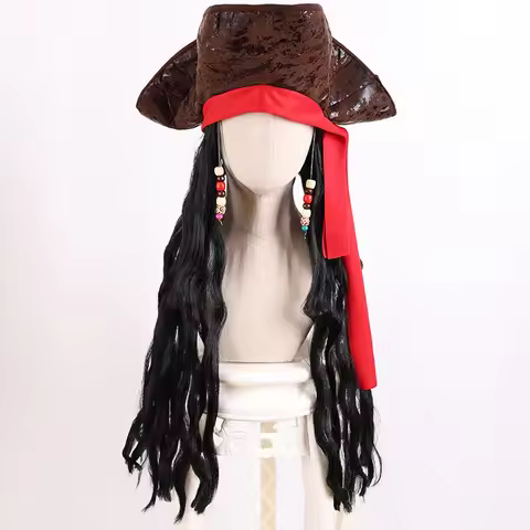 Men Halloween Pirates of The Caribbean Cosplay Wig Adult Pirate Captain Jack Sparrow Black 65cm Curl