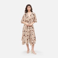 Cirebon Silk Crepe Flutter Sleeve Dress - Beige - F