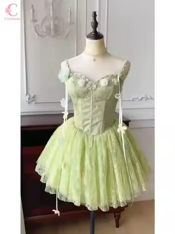 Forest Fairy Floral Lace Love Mini Dress Women Sweet Cottagecore Corset Waist Tulle Skirt Fairycore 
