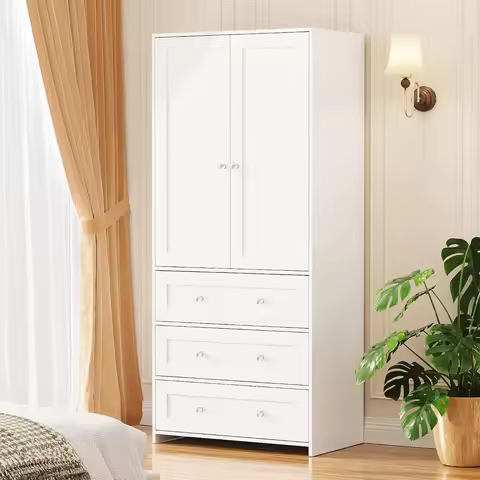 Armoire Wardrobe Closet with Drawers and Mirror, 71" Clothing Storage Cabinet with Hanging Rod, 2 Do
