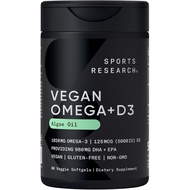 Sports Research Vegan Omega-3 with Vitamin D3 Softgels - 1020mg Omega-3 & 5000iu D3 Supplement - Fis