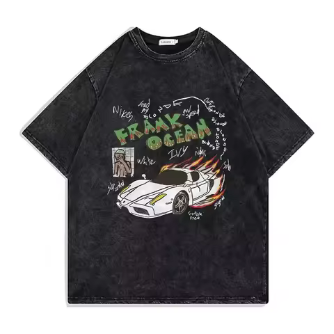 New Washed Retro Flame Blonde Hip Hop T-shirt Rapper Frank Cartoon Style T-shirt Oversized Ocean T-s