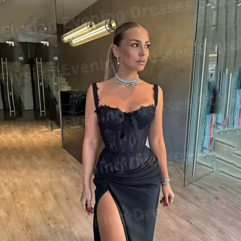 Charming Women's Mermaid Evening Dresses Spaghetti Strap Customized Lace Prom Gowns Sleeveless Slit 