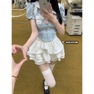 College Style Blouse Short Sleeve Lining Suspender Skirt Outfit