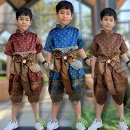 Thai Dress For Boys Lamphun Silk Chinese Collar Shirt + Sarong And Waist Belt FV107