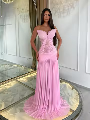 Contessa Custom Pink Chiffon Strapless Prom Dresses Lace Embroidery Illusion Vestidos De Noche Multi