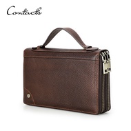 CONTACTS Men Genuine Leather Clutch Wallets Retro Long Zipper Clutch Bags Phone Pocket Card Holders 