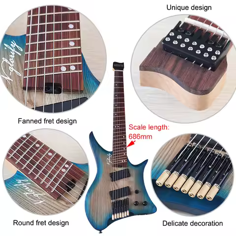 30 Inch 7 String Headless Electric Guitar 686MM Sclae Fanned Fret Design Solid Ashwood Body Mini Gui