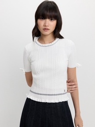 [Pomelo] เสื้อถักลายนูนดีเทลขอบหยัก / Lettuce Hem Ribbed Knit Top