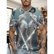 Men'S Crew Neck Short Sleeve Art T-Shirt With 3D Digital Print Of Two Ladies Wielding Swords In Rain