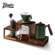 BINCOO Solid Wood Coffee Hand Brewing Kettle Storage Stand Set with Manual Coffee Grinder Glass Pour