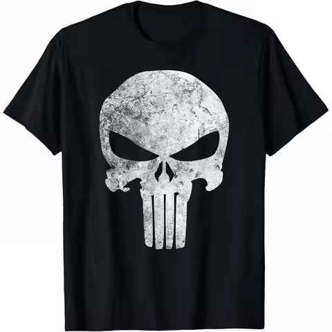 Punisher Marvel T-Shirt Unisex Short Sleeve Distressed Urban Style Breathable Cotton Loose Fit Crew 