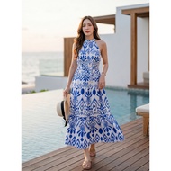 Long Dress 51 Inches White-Blue Print Neck Strap Style