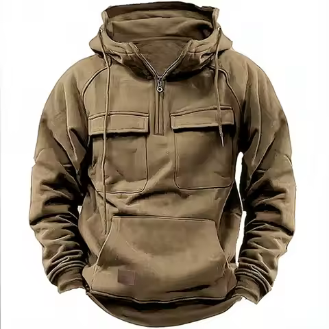 New Autumn-Winter Men's Hooded Solid-Color Casual Hoodie - Fashionable Young Man's Multi-Pocket Patc