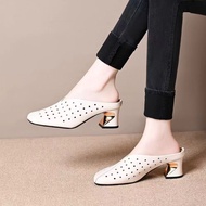 Soft Leather Bag Head Summer New Outfit Fashionable Square Head All-match Thick Heel Mueller Shoes f