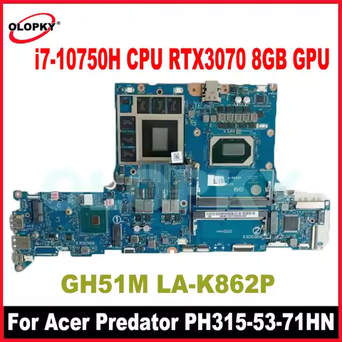 GH51M LA-K862P with i7-10750H CPU RTX3070 8GB GPU for Acer Predator PH315-53-71HN AN515-55 laptop mo