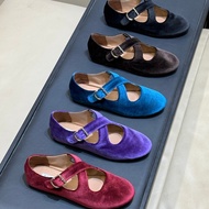 2026 New Alaia Velvet Mary Jane shoes Soft Sole Chic Women's Flat Shoes Retro Cross Strap Buckle Sho