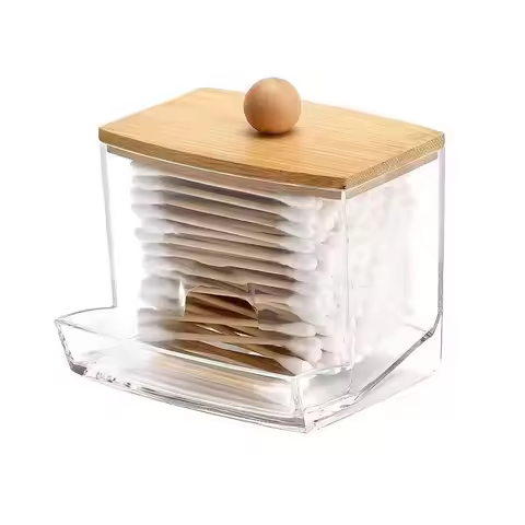 Cotton Swab Storage Box Double Head Cotton Buds Container Transparent Square Bamboo Cover Cotton Swa
