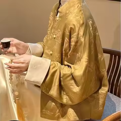 2025 Spring Fall Women Gold Dobby Floral Chinese Tang Costume Loose Coat , Woman Vintage Fashion Jac