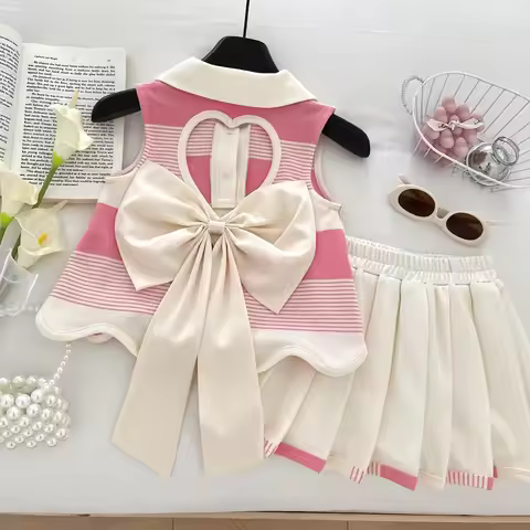 Pink 2-9 Years Girl Clothes Fashion Fold-over Collar Striped Love Print T-shirt + Pleated Skirt 2 Pc