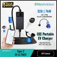 New 7kW 32A Portable EV Charger 3 Pin UK 13A CEE Plug Hybrid Car Charger IP66 5 meter 10 Meter Cable