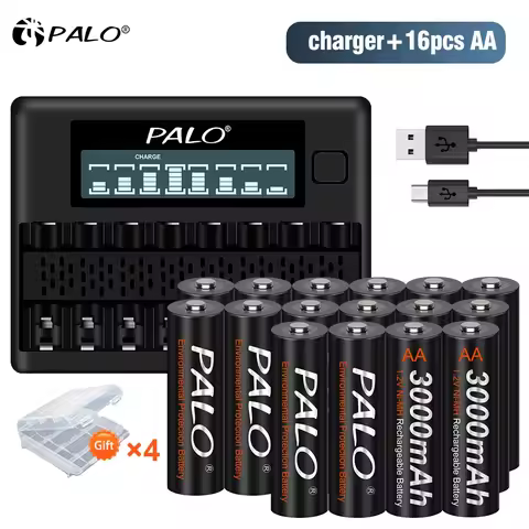 PALO 1.2V AA Rechargeable Battery 3000mAh 2A NI-MH Battery And Smart Battery Charger For 1.2V AA AAA
