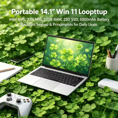 Intel N95 14.1" Portable Win11 Laptop, 32GB RAM, 2TB SSD, 5000mAh Battery, Fingerprint & Backlit Key