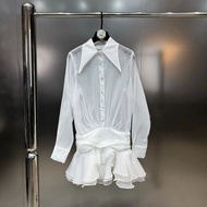 Spring New Arrival Long Sleeve Turn Down Collar Ruffles Single Breasted Buttons Slim Waist Short Dre