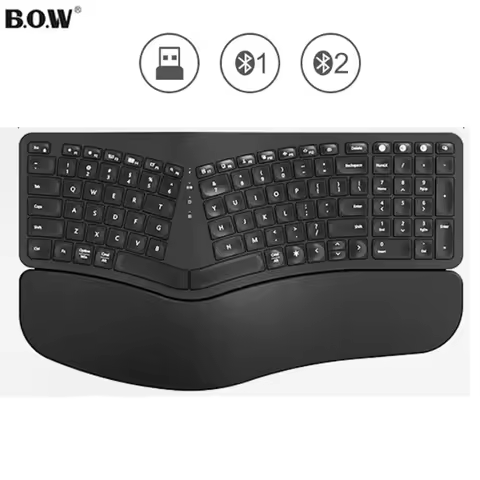 BOW Ergonomic Split Keyboard with Wrist Rest 2.4G+Bluetooth Wireless Keyboard Backlit Rechageable Ke