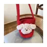 Cute puppy red plush crossbody bag, bucket bag, cylindrical bag